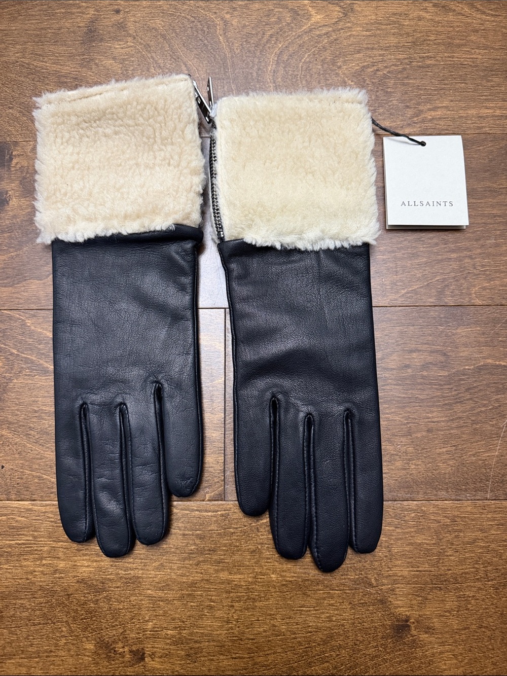 NWT, AllSaints Black Leather Gloves with Cream Shearling Cuffs